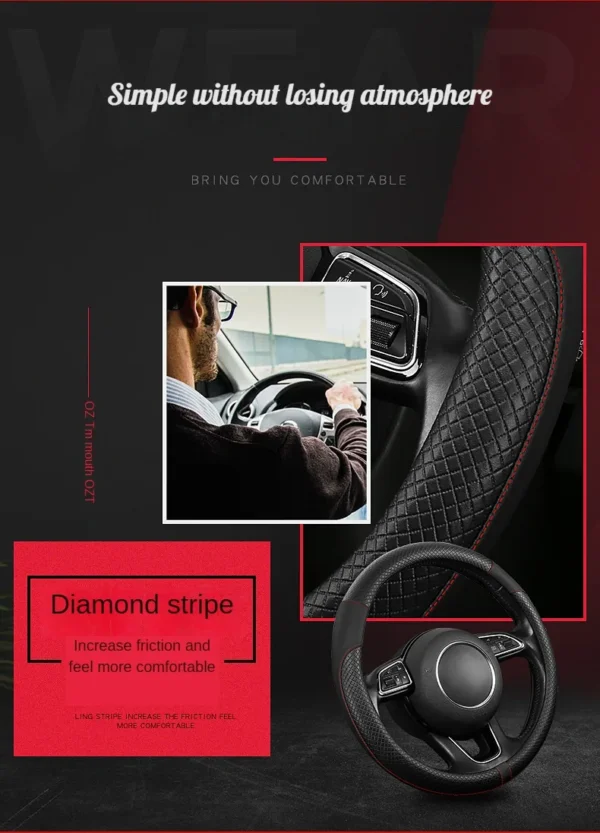 PU Leather Spliced Car Steering Wheel Cover Breathable Non-slip Four Seasons Universal Suitable for 38cm/15-inch Steering Wheel - Image 10
