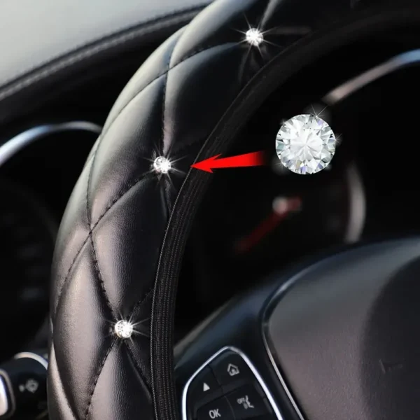 Artificial Sheepskin Print Stereo Diamond-encrusted Crown Car without Inner Ring Steering Wheel Cover for 14.5-15 Inches - Image 10