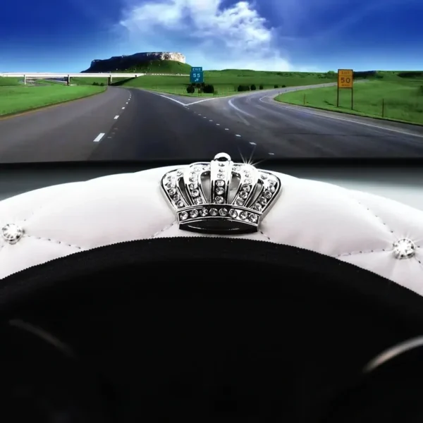 Artificial Sheepskin Print Stereo Diamond-encrusted Crown Car without Inner Ring Steering Wheel Cover for 14.5-15 Inches - Image 14
