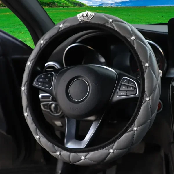 Artificial Sheepskin Print Stereo Diamond-encrusted Crown Car without Inner Ring Steering Wheel Cover for 14.5-15 Inches - Image 18