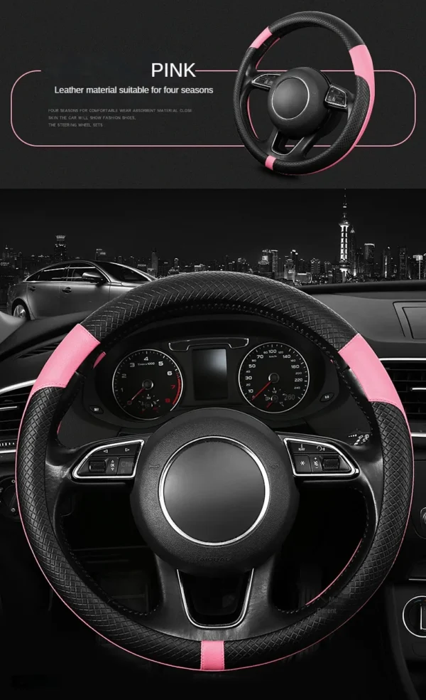 PU Leather Spliced Car Steering Wheel Cover Breathable Non-slip Four Seasons Universal Suitable for 38cm/15-inch Steering Wheel - Image 17