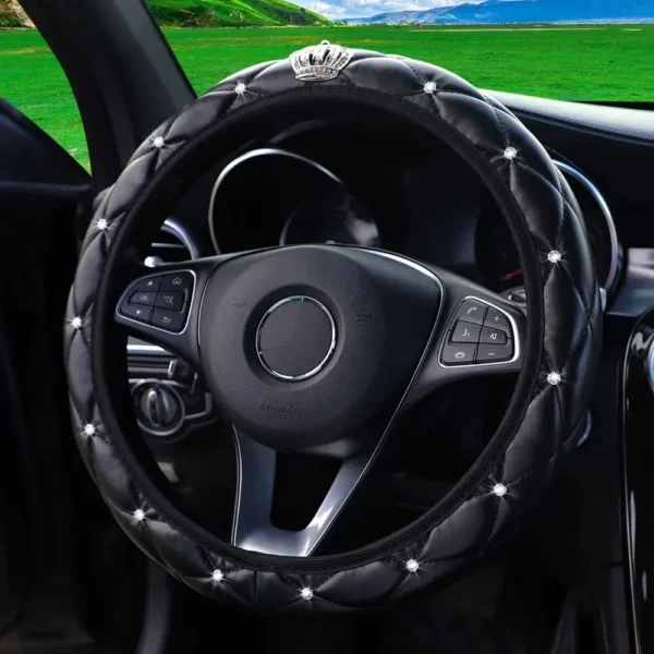 Artificial Sheepskin Print Stereo Diamond-encrusted Crown Car without Inner Ring Steering Wheel Cover for 14.5-15 Inches - Image 9