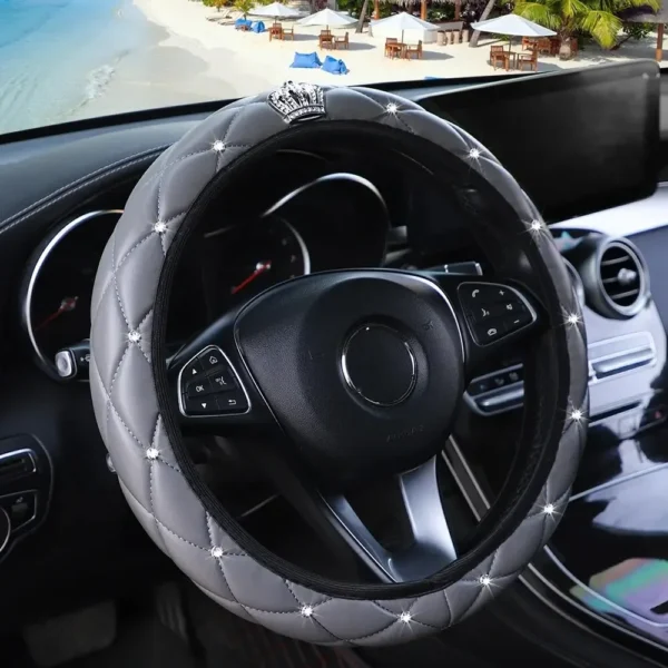 Artificial Sheepskin Print Stereo Diamond-encrusted Crown Car without Inner Ring Steering Wheel Cover for 14.5-15 Inches - Image 2
