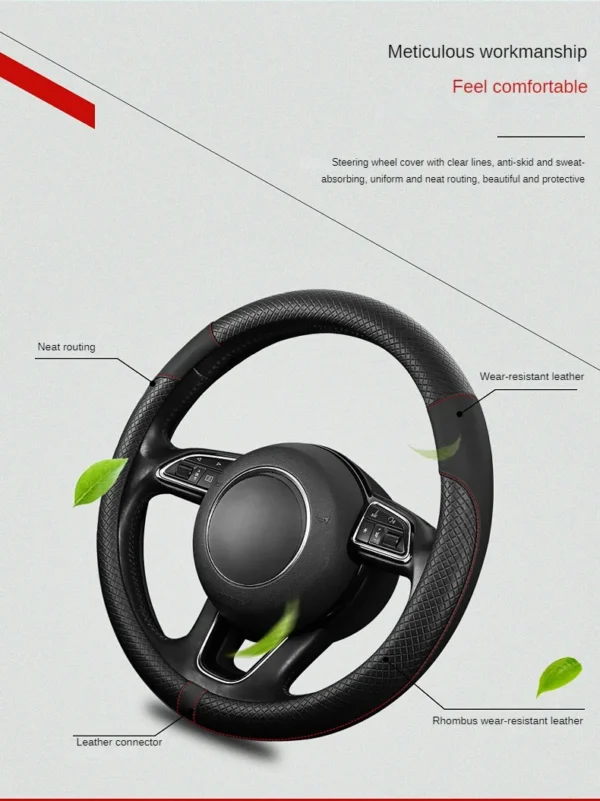 PU Leather Spliced Car Steering Wheel Cover Breathable Non-slip Four Seasons Universal Suitable for 38cm/15-inch Steering Wheel - Image 9